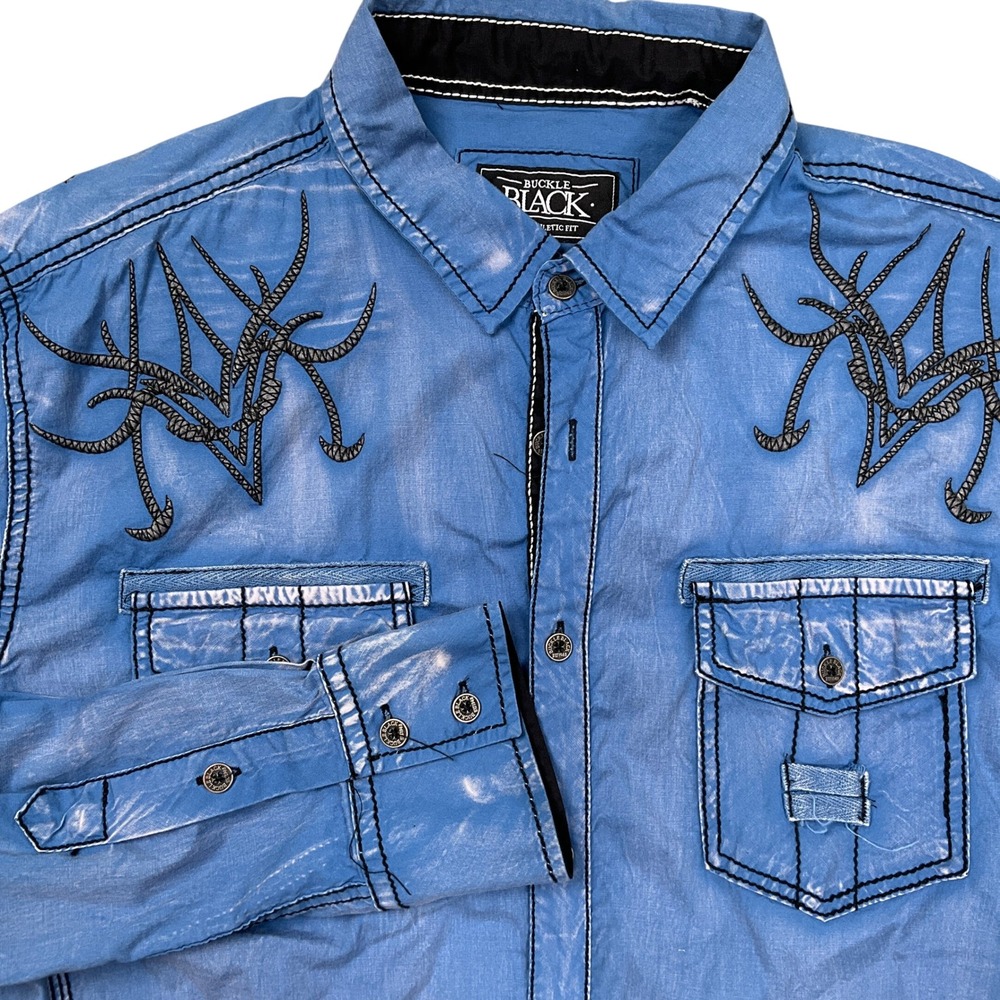 Buckle Black Shirt Mens Large Blue Athletic Fit Tribal Stitched Rodeo Western